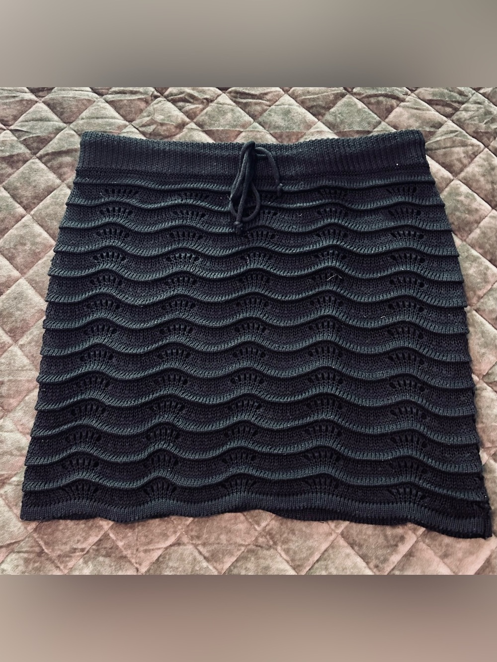 Black Crochet Knit Wave-Detail Swim Coverup Skirt